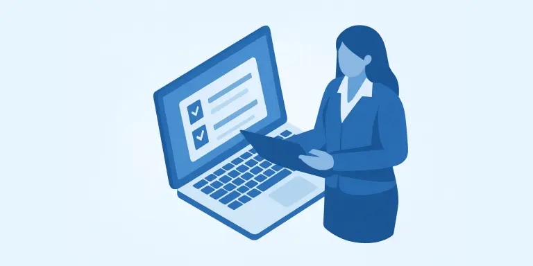 Ilustração de uma executiva, em frente à um notebook com uma pasta de documentos na mão.