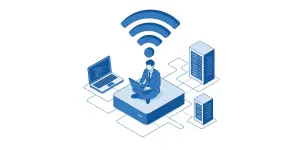 Ilustração de executivo sentado em cima de um dispositivo conectado à rede.