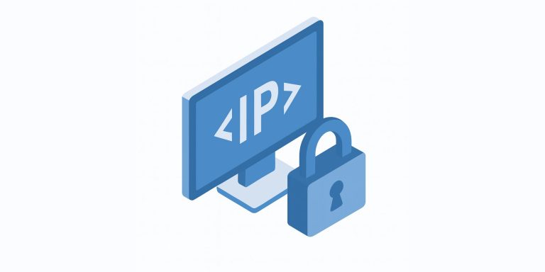 Ilustração de um monitor com a palavra IP na tela e um cadeado fechado na frente.