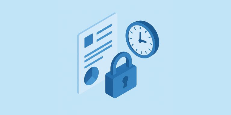 Ilustração de um contrato com um cadeado fechado a sua frente e um relógio de parede.