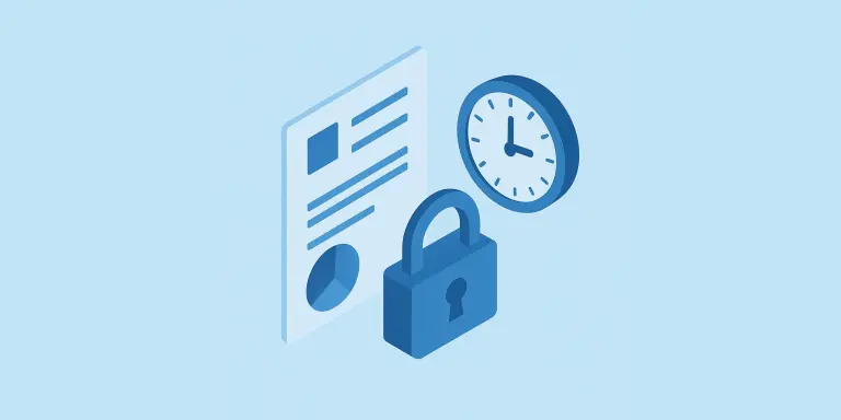 Ilustração de um contrato com um cadeado fechado a sua frente e um relógio de parede.