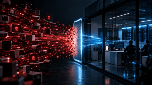 Representação conceitual de o que é um ataque DDoS, mostrando um fluxo massivo de dados maliciosos vermelhos sendo barrados por um escudo Anti-DDoS antes de atingir um datacenter protegido.