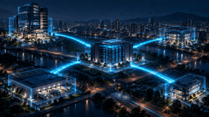 Vista aérea noturna de uma cidade mostrando o conceito de o que é LAN to LAN, com linhas de luz azul conectando uma matriz corporativa a várias filiais, um centro de distribuição e um datacenter em uma rede privada.