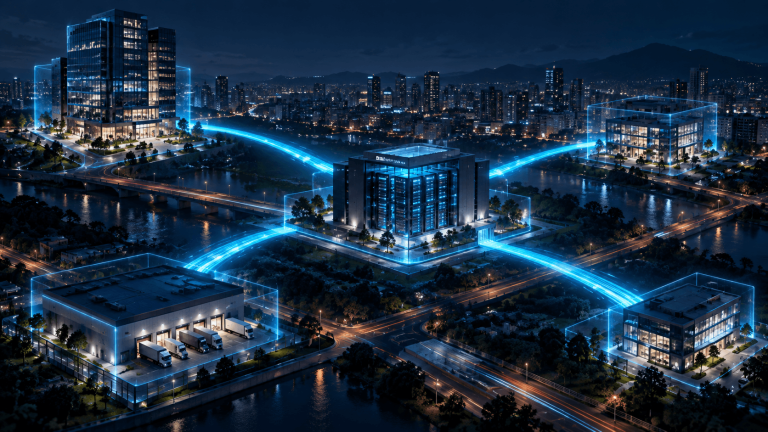 Vista aérea noturna de uma cidade mostrando o conceito de o que é LAN to LAN, com linhas de luz azul conectando uma matriz corporativa a várias filiais, um centro de distribuição e um datacenter em uma rede privada.