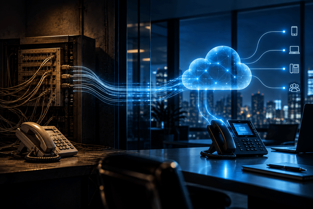 Esquema explicativo de o que é SIP Trunk conectando um servidor PABX físico a uma nuvem de telefonia IP e dispositivos corporativos.